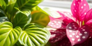 Vibrant Pothos and Pink Polka Dot plant.