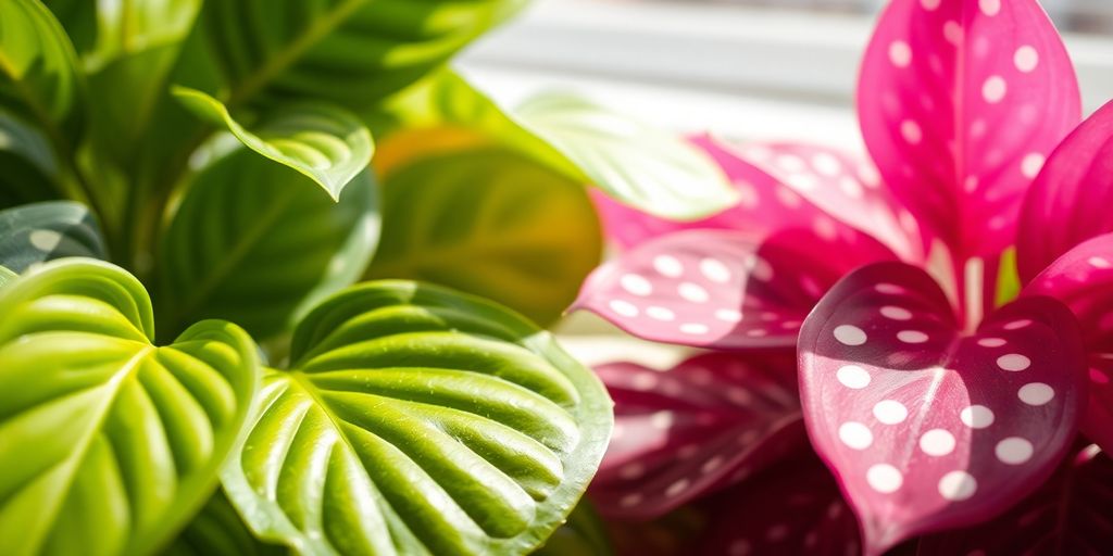 Vibrant Pothos and Pink Polka Dot plant.