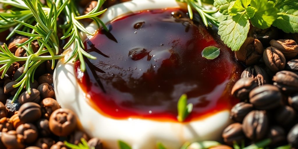 Fresh herbs and spices with a swirl of sauce.