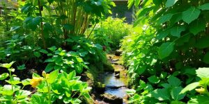 Lush garden with diverse plants and flowing water.
