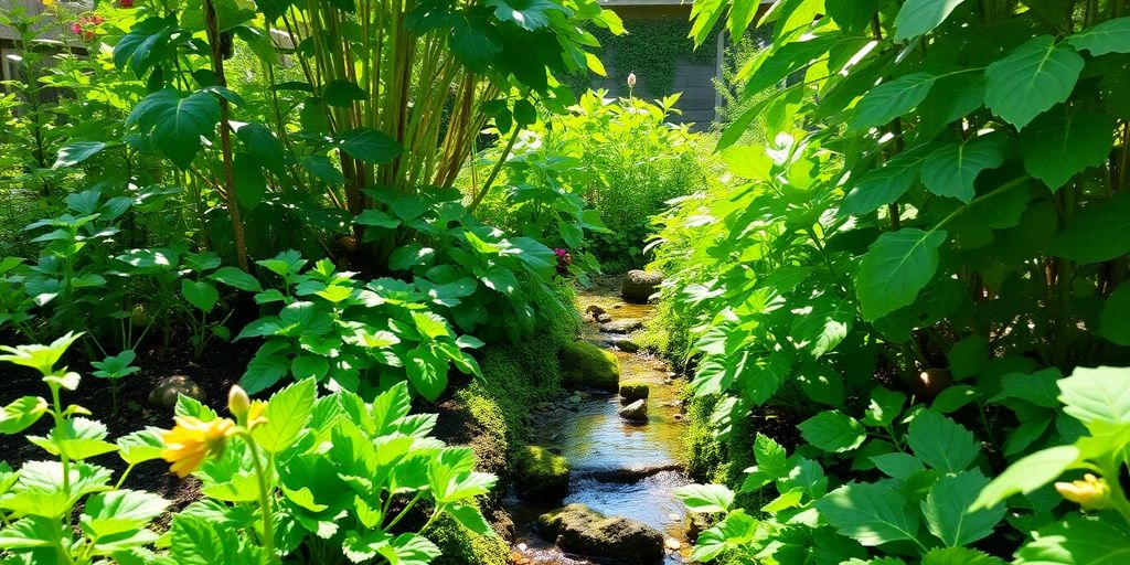 Lush garden with diverse plants and flowing water.