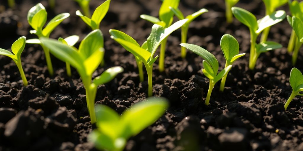 Hands planting seedling in rich soil.