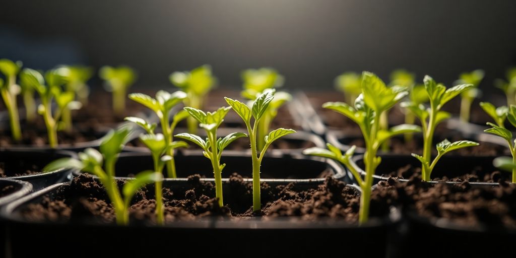 Tiny tomato seedlings sprouting in soil.