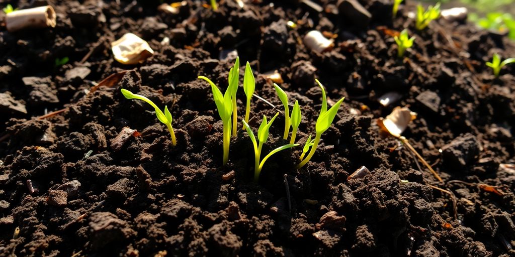 Healthy soil with green sprouts growing.