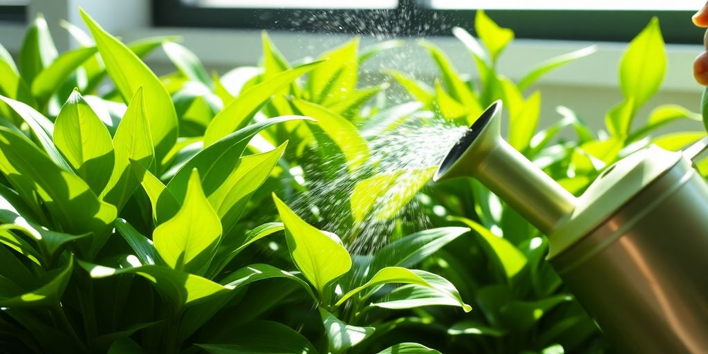 Lush indoor houseplants with vibrant green leaves in bright sunlight.