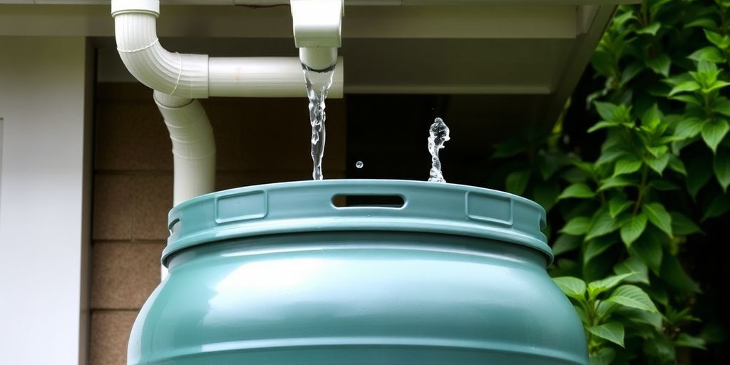 Rain barrel collects water flowing from a roof gutter.
