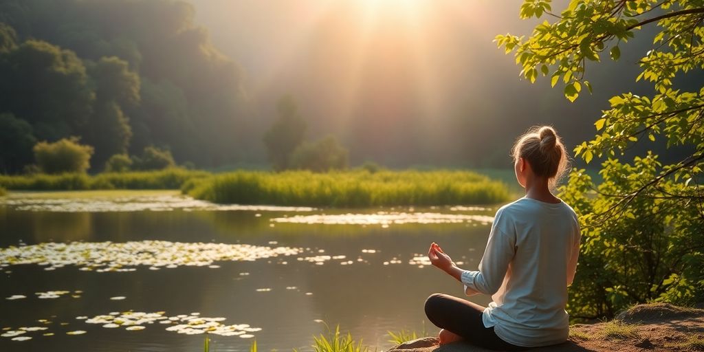 Person meditating peacefully amidst serene natural elements.