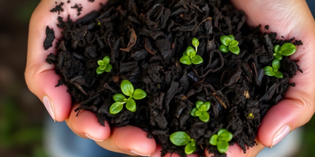 Hands holding rich, dark compost with green sprouts.