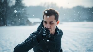 Person doing burpees in snowy outdoor winter workout.