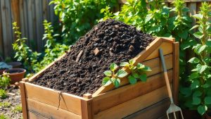 Backyard compost bin filled with organic material.