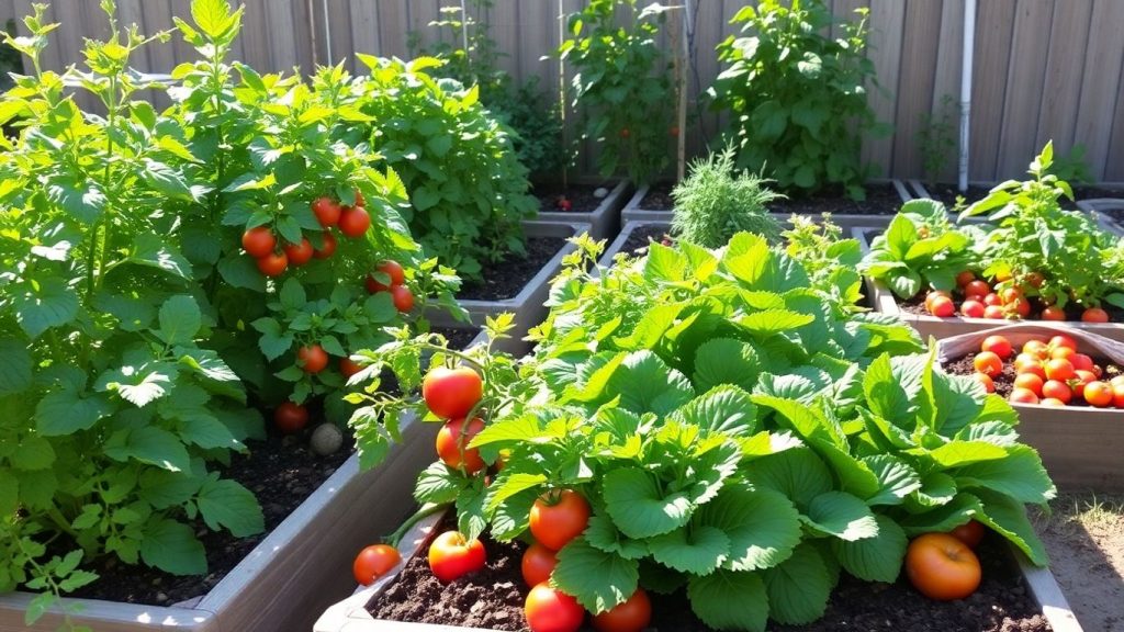 Lush backyard vegetable garden with ripe tomatoes and leafy greens.