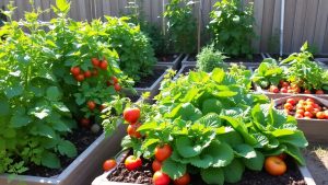Lush backyard vegetable garden with ripe tomatoes and leafy greens.