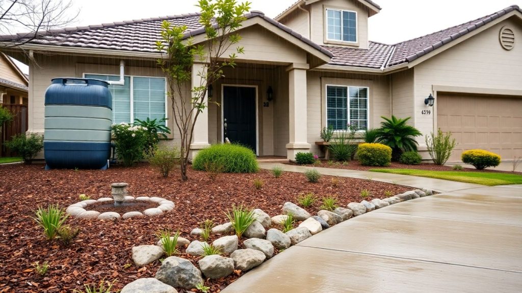 Suburban home with rain barrels, drip irrigation, rain garden, driveway.