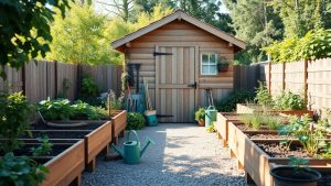Community garden shed with tools and plants outside.