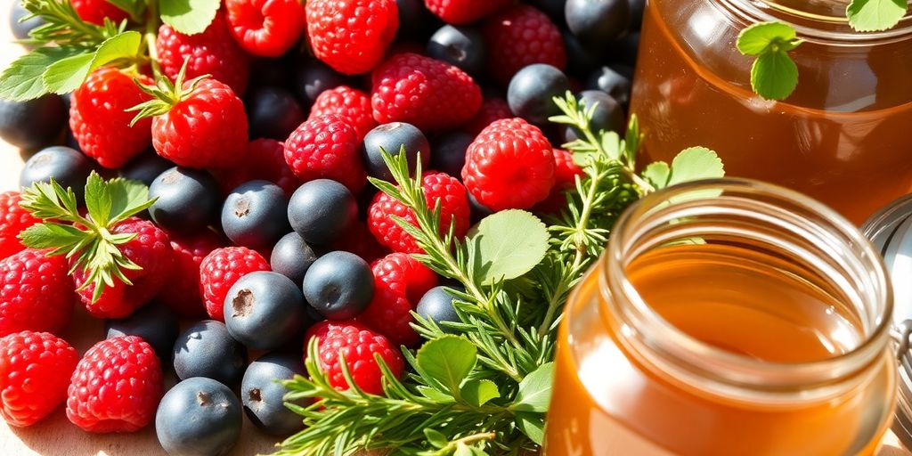Fresh berries, herbs, and honey for natural food preservation.