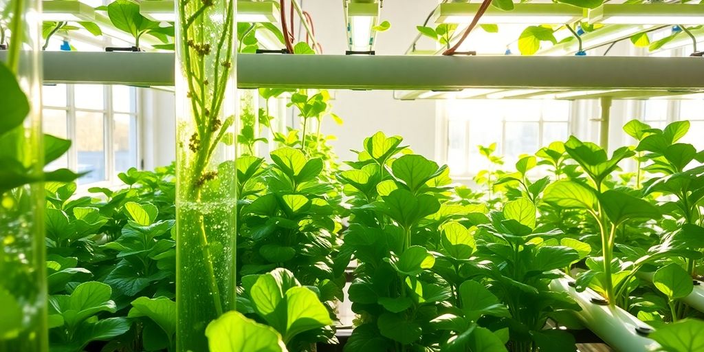 Lush green hydroponic vegetables growing indoors.
