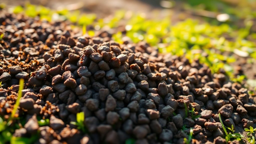 Chicken manure pellets on green soil