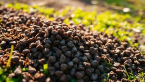 Chicken manure pellets on green soil